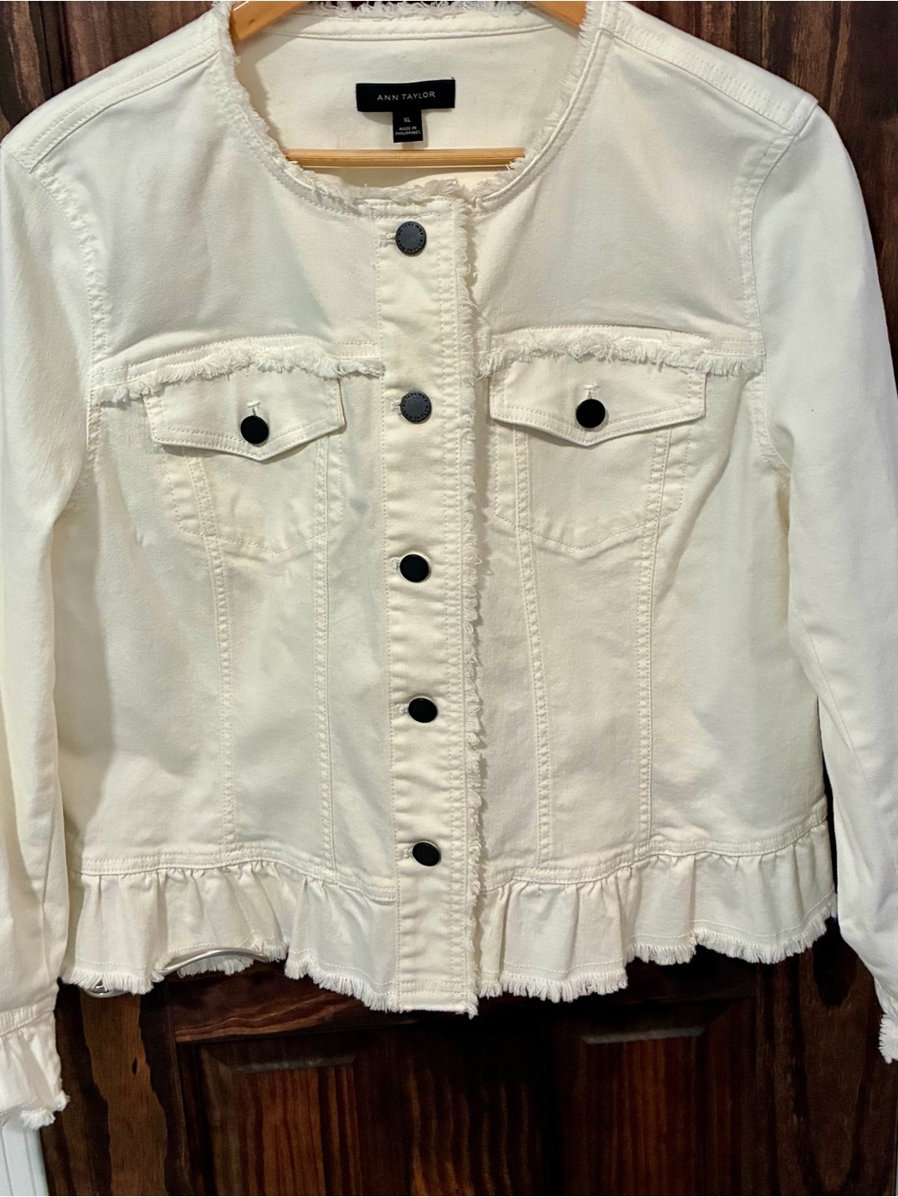 Ann Taylor Cream Ruffle Hem Denim Jacket